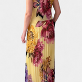 Shaya Long Pleated Chiffon Dress with Print