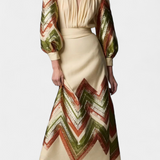 Avenza Puff Sleeve Bodysuit with Geometric Midi Skirt