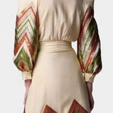 Avenza Puff Sleeve Bodysuit with Geometric Midi Skirt