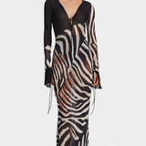 Taisia Long Zebra Print Dress with Deep Neckline