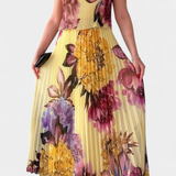 Shaya Long Pleated Chiffon Dress with Print
