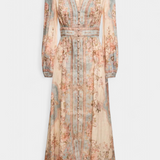 Dorotila Maxi Flared Dress with Floral Print, Buttons and Balloon Sleeves