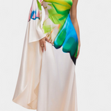 Beryl Asymmetrical Long Dress with One Sleeve and Modern Print