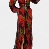 Quintessa Maxi Pleated Dress with Long Sleeves and Vibrant Print