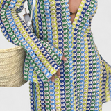 Crisanta Long Printed Dress with Multicoloured Waves and Long Sleeves