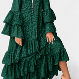 Eliselle Asymmetrical Maxi Dress with Ruffles and Bell Sleeves