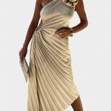 Leire Asymmetrical Cocktail Dress with Floral Applique and Pleated Skirt