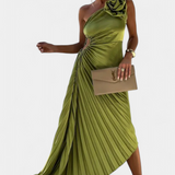 Leire Asymmetrical Cocktail Dress with Floral Applique and Pleated Skirt