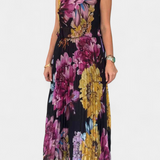 Shaya Long Pleated Chiffon Dress with Print