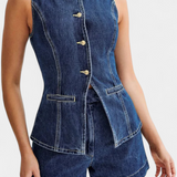 Raya Denim Sleeveless Waistcoat and High-Waisted Shorts