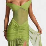 Therese Long Milk Silk Dress with Deep Neckline and Sculpted Ruching