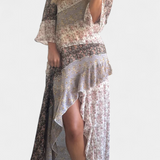 Ruth Long Floral Dress with 3/4 Sleeves and Flounce Panels