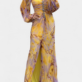 Quintessa Maxi Pleated Dress with Long Sleeves and Vibrant Print