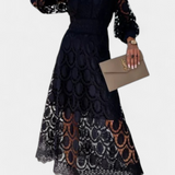 Lucinda Lace Midi Dress with Puff Sleeves and High Neck
