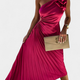 Leire Asymmetrical Cocktail Dress with Floral Applique and Pleated Skirt