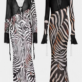 Taisia Long Zebra Print Dress with Deep Neckline