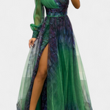 Becca Chiffon Maxi Dress with One Shoulder and Voluminous Flower