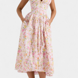 Margie Midi Dress with V-Neck and Romantic Floral Print