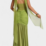 Therese Long Milk Silk Dress with Deep Neckline and Sculpted Ruching