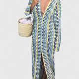 Crisanta Long Printed Dress with Multicoloured Waves and Long Sleeves