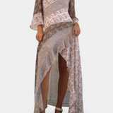 Ruth Long Floral Dress with 3/4 Sleeves and Flounce Panels