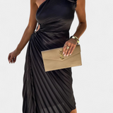 Leire Asymmetrical Cocktail Dress with Floral Applique and Pleated Skirt