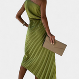 Leire Asymmetrical Cocktail Dress with Floral Applique and Pleated Skirt