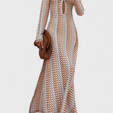 Crisanta Long Printed Dress with Multicoloured Waves and Long Sleeves