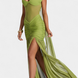 Therese Long Milk Silk Dress with Deep Neckline and Sculpted Ruching