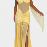 Therese Long Milk Silk Dress with Deep Neckline and Sculpted Ruching