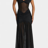 Therese Long Milk Silk Dress with Deep Neckline and Sculpted Ruching