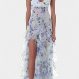 Bonnie Maxi Dress with Floral Ruffles and Side Cutouts