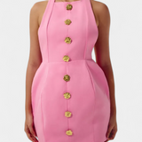 Yvonne Mini Dress with Halter Neck and Open Back with Floral Detail