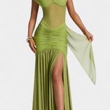 Therese Long Milk Silk Dress with Deep Neckline and Sculpted Ruching