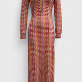 Crisanta Long Printed Dress with Multicoloured Waves and Long Sleeves