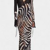 Taisia Long Zebra Print Dress with Deep Neckline