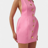 Yvonne Mini Dress with Halter Neck and Open Back with Floral Detail