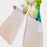 Beryl Asymmetrical Long Dress with One Sleeve and Modern Print