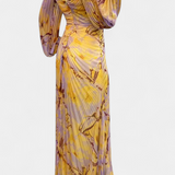 Quintessa Maxi Pleated Dress with Long Sleeves and Vibrant Print