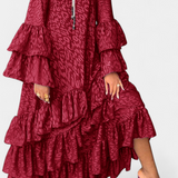 Eliselle Asymmetrical Maxi Dress with Ruffles and Bell Sleeves