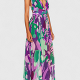 Cecil Long Pleated Dress with Watercolour Print and Open Back