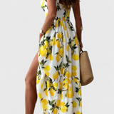 Huda Lemon Print Maxi Dress with Straps and Side Split