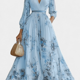 Phaedra Pleated Chiffon Maxi Dress with Balloon Sleeves