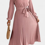 Theresa High Neck Dress with Pleated Belt