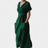 Cressida Cotton Dress with V-Neck and Adjustable Waist